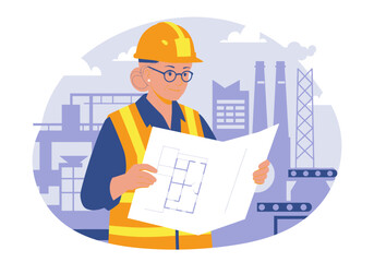 Worker in hard hat examining blueprint on industrial site
