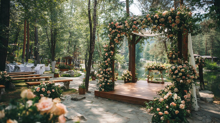 Beautiful romantic festive place made with wooden square and floral roses decorations for outside wedding ceremony in green park. Wedding settings at scenic place. Horizontal color photography.