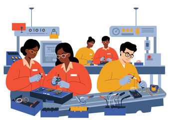 Workers at an assembly line wearing lab coats  gloves assembling electronics at individual workstations