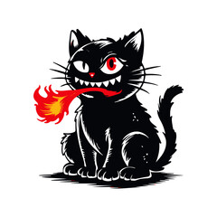 A cartoon black cat with red eyes and fire breathing from its mouth.