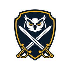 A stylized owl's head, fiercely guarded by crossed swords, within a heraldic shield.