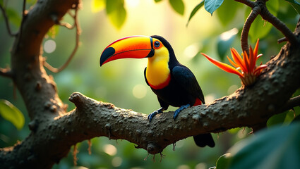 Fototapeta premium A beautiful toucan with a vibrant orange and yellow beak perching on a tree branch in a lush, sun-dappled tropical rainforest.