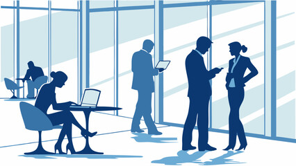 Fototapeta premium Silhouetted Professionals Engaged in Discussion and Technology Use in Modern