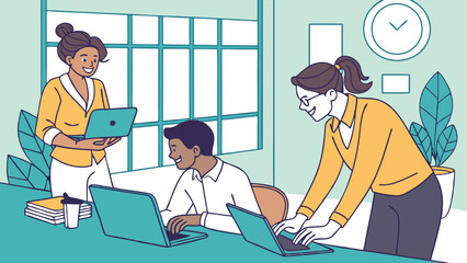 Team Collaboration in a Modern Office Workspace with Laptops and Tablets