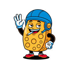 Cartoon cheese character wearing a helmet, smoking, waving, and smiling, standing on a black base.
