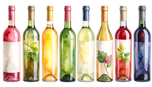 Watercolor illustration showcasing a diverse selection of artistically rendered wine bottles