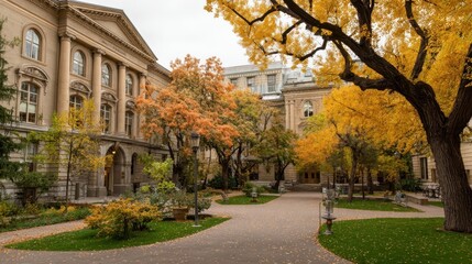 Obraz premium Autumnal Courtyard with Historical Buildings and Vibrant Trees