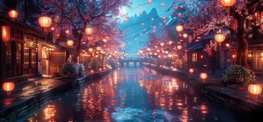 A serene night scene with lanterns illuminating a canal surrounded by cherry blossoms.