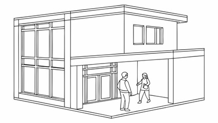 Modern Architectural Sketch of a Residential Building with Two People Outside