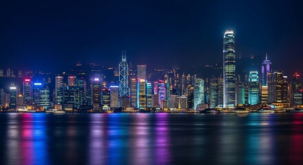Fototapeta premium A vibrant nighttime panorama of a modern cityscape with illuminated skyscrapers reflecting colorful lights on the calm water below.