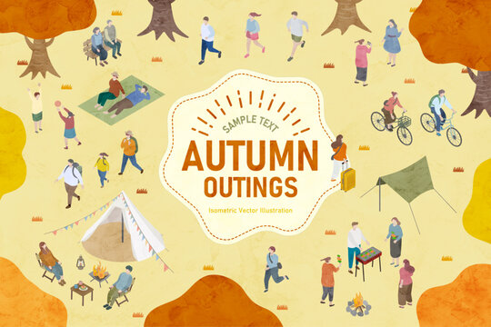 秋の行楽を楽しむ人々のアイソメトリックイラスト 水彩画イラスト