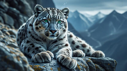 Fototapeta premium Snow Leopard Resting on Rocky Peak A Wildlife Portrait in a Majestic Mountain Landscape