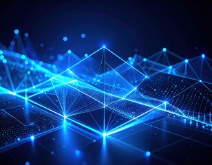 Obraz premium Futuristic Blue Network Abstract Data Connection with Glowing Nodes and Geometric Structures.
