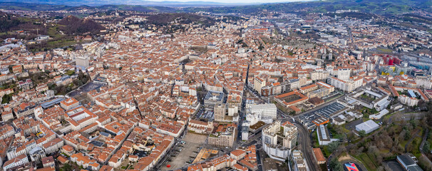 Aerial panorama view of the city Saint-Étienne in France on a sunny autumn day	