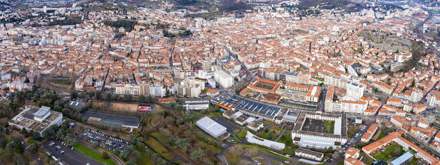 Aerial panorama view of the city Saint-Étienne in France on a sunny autumn day	