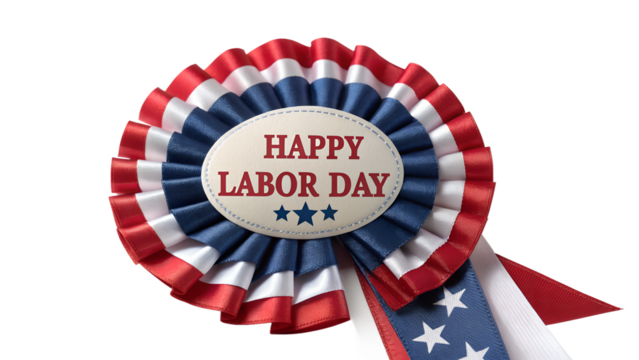 Labor day rosette award with american flag colors and text isolated on transparent background