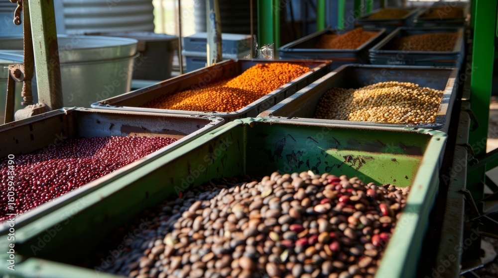 Poster different colored bins are used to collect the sorted beans with the highest quality beans going int
