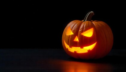 Glowing jack-o'-lantern illuminates the darkness, embodying Halloween's spooky spirit with its carved grin and ominous glow.