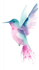 Obraz premium Delicate watercolor hummingbird flying with casual brushstrokes in soft pink and teal tones against an artistic floral background with blank space for text.