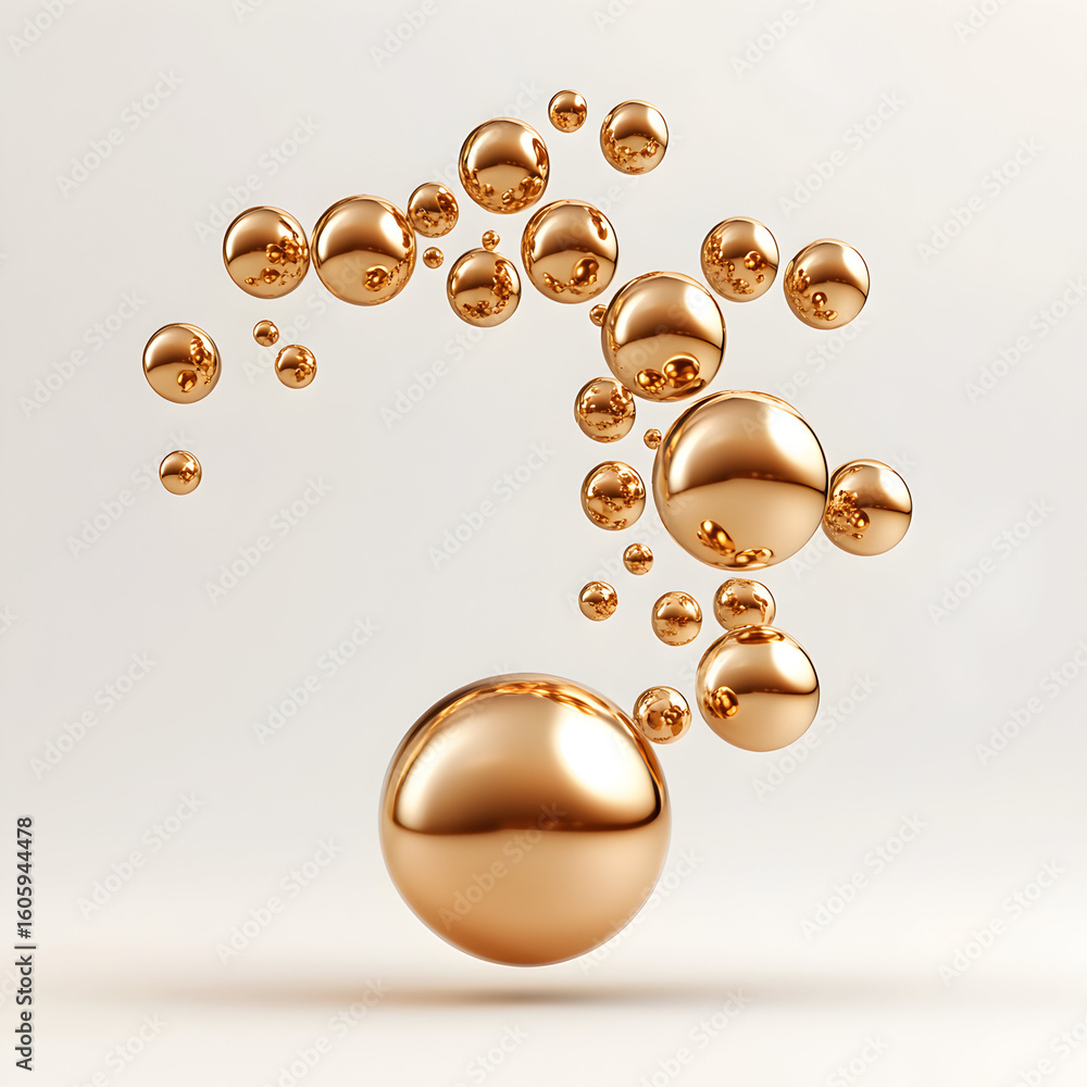Poster abstract image of numerous metallic gold spheres of varying sizes arranged in a dynamic, curved form