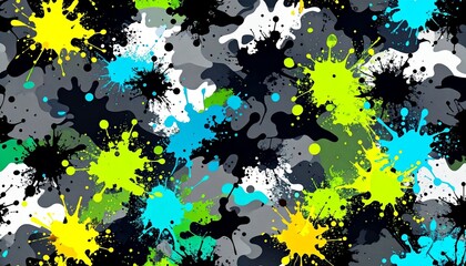 Colorful splatters on a camouflage background