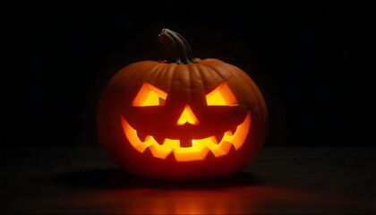 Glowing jack-o'-lantern on a dark background, ready for Halloween celebrations and autumn festivities with spooky vibes.