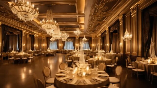 The interior of the opulent ballroom is adorned with glittering chandeliers and opulent gold accents. 4k video