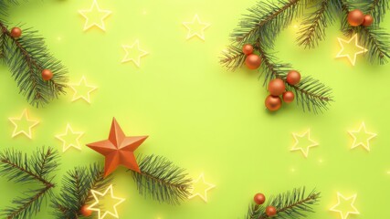 Holiday backdrop with festive ornaments, bright decorative stars, and pine branches against a cheerful light green background