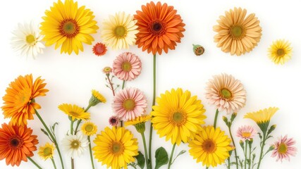 A vibrant array of diverse colored daisy flowers scattered artfully on a clean, crisp white background creating a cheerful composition