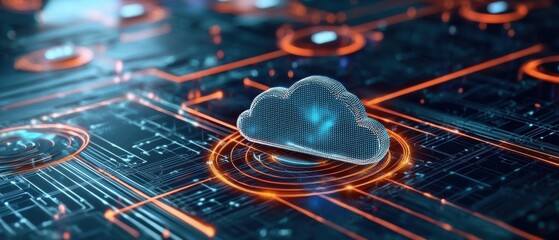 Futuristic of digital storage and cloud computing technology with floating data and holographic elements.