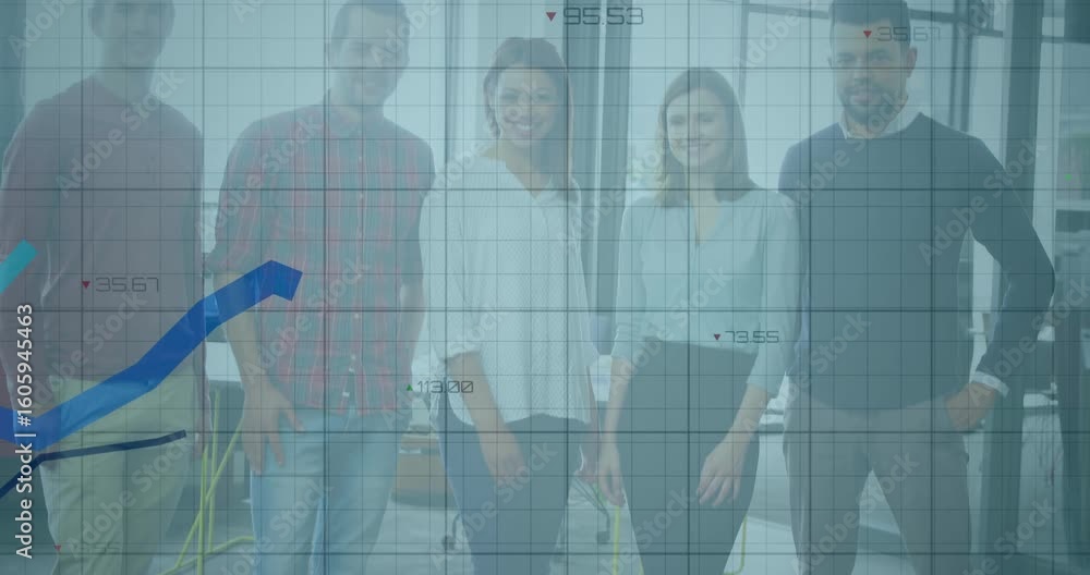 Poster camera boosting exposure while team emerging behind grid overlay, colored lines rising for business