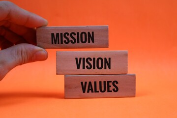 hands holding wooden blocks represent Mission, Vision, and Values on an Orange Background