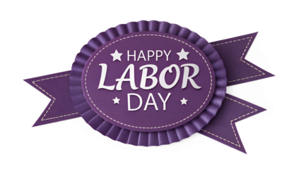 Purple rosette badge with happy labor day ribbon isolated on transparent background