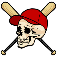 Skull Wearing Baseball Cap Crossed Bat Vector Illustration