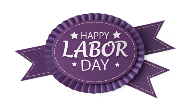 Purple rosette badge with happy labor day ribbon isolated on transparent background - Powered by Adobe