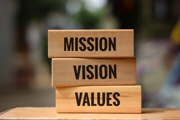 Mission, Vision, and Values of Wooden Blocks Representing Business Principles. on a blurred...