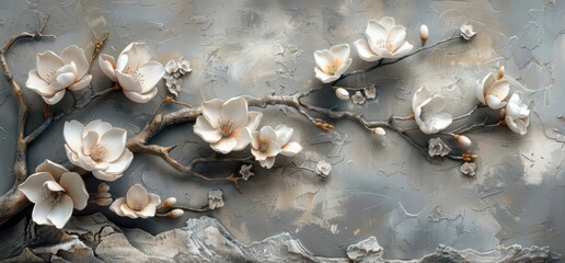 A textured artwork featuring elegant white flowers on a muted background.