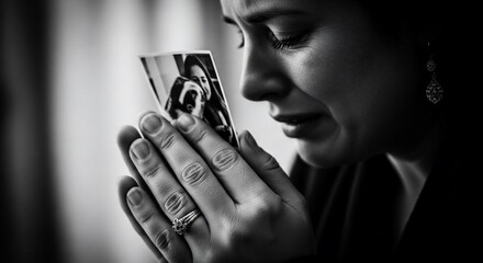 A monochrome image of a woman holding a photograph, her eyes closed in sorrow, tears streaming down her face, reflecting on a lost love.
