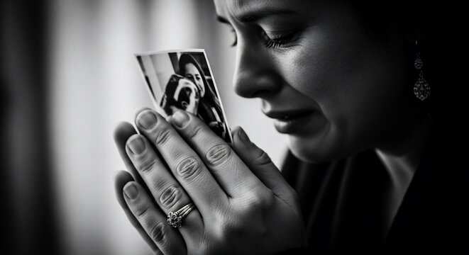 A monochrome image of a woman holding a photograph, her eyes closed in sorrow, tears streaming down her face, reflecting on a lost love.