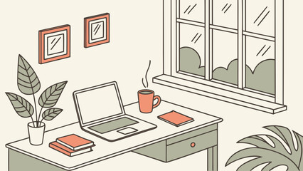 Home office workspace vector showing laptop desk setup, coffee mug, plants, and remote work environment




