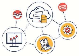 Flat vector illustration of remote project management with cloud storage, shared files, and digital productivity tools for team collaboration.

