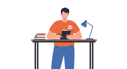 Fototapeta premium Labor Day Celebration: Man Writing in Notebook at Desk Flat Illustration.
