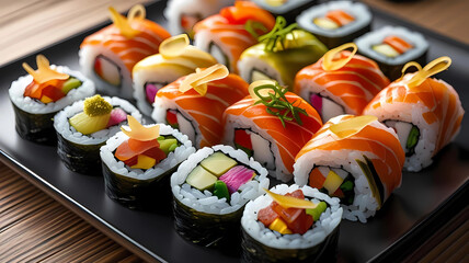 A beautifully arranged platter of assorted maki sushi rolls, featuring a colorful and delicious selection perfect for sushi 