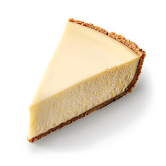 A slice of creamy cheesecake with a graham cracker crust, presented on a white background.