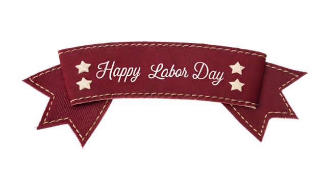Happy labor day red fabric ribbon banner with white stars isolated on transparent background