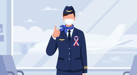 Masked Flight Attendant Thumbs Up at Airport with Ribbon of Support.