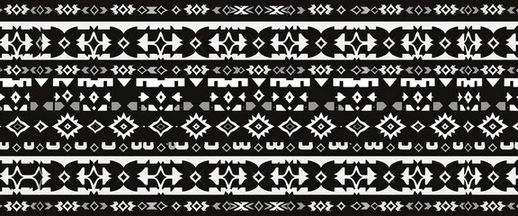 Black and white Aztec-inspired seamless vector pattern featuring vertical geometric shapes and Navajo-style designs,  abstract,  graphic