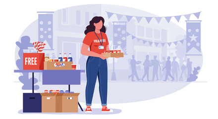 Volunteer Distributes Free Food and Drinks at Community Event Vector Illustration.