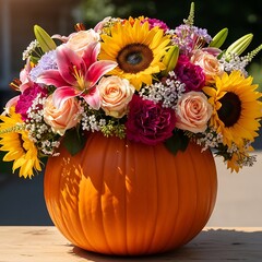 Colorful floral arrangement in a carved pumpkin.