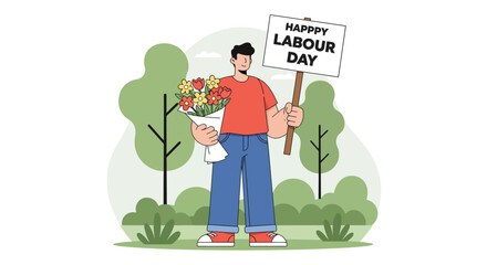 Happy Labour Day: Man with Flowers and Sign in Park Illustration.
